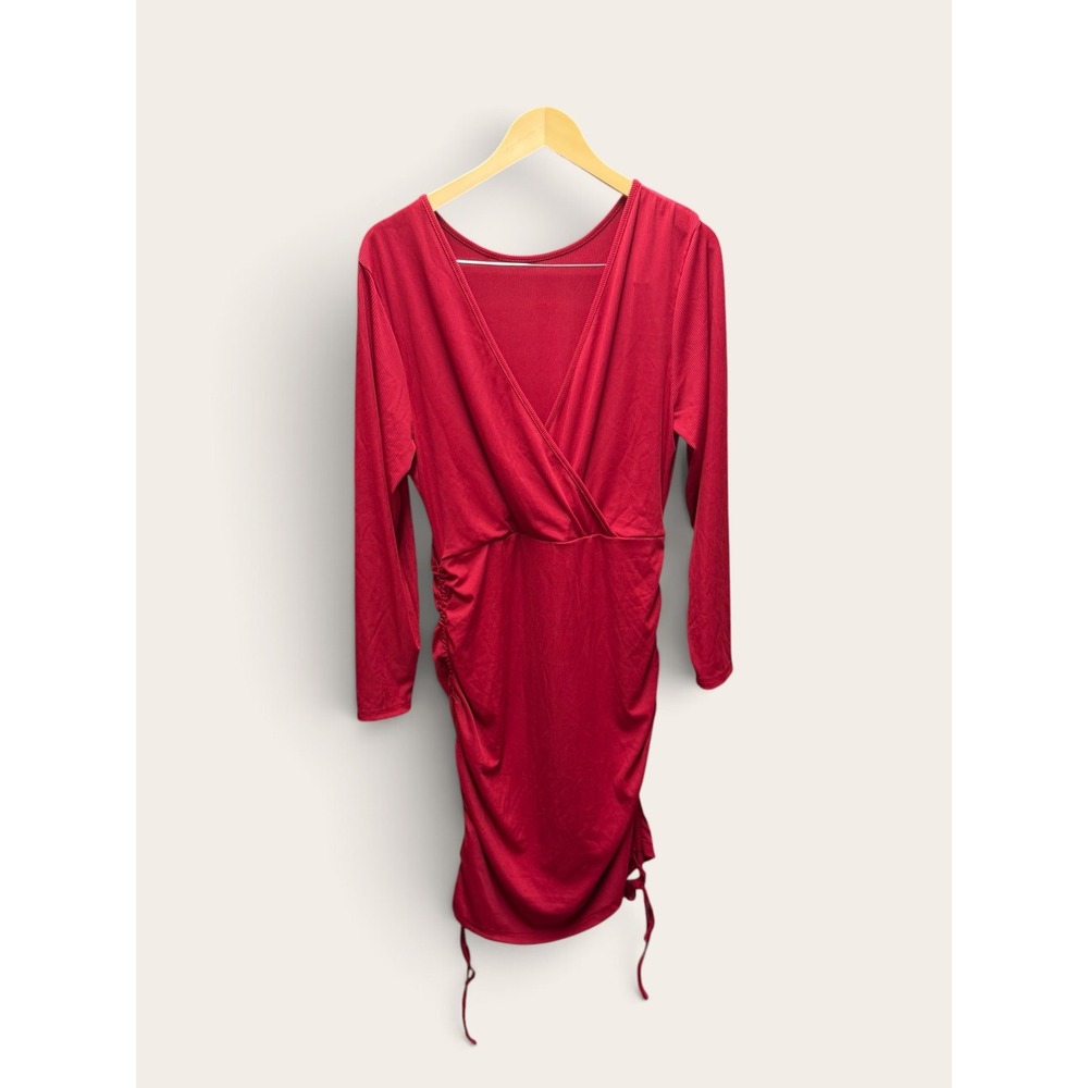 Shein Women Red Ribbed Long Sleeve Surplice V-Neck Cinched Side Mini Dress 2XL